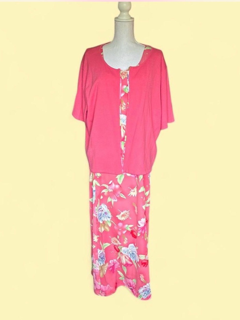 Pink Floral Maxi Dress with Matching Overlay